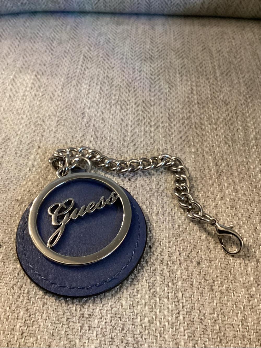 Guess navy leather circle keyring with silver logo